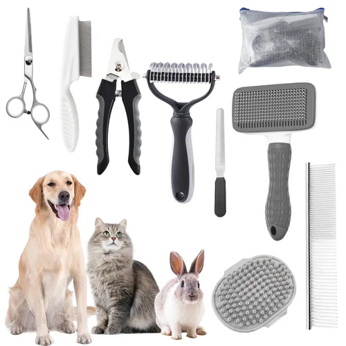 Vista 9 de Kit de Aseo para Baño con Cepillo de Pelo, Toalla y Guantes de Limpieza - Cepillo Slicker 6-en-1 para Perros y Gatos que Sueltan Pelo, Azul