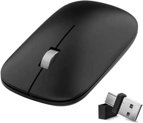 Vista 7 de Ratón Bluetooth recargable para MacBook, 6 botones, cómodo de sostener, modo cuádruple (BT1/BT2/USB/TypeC), clics silenciosos, portátil para viajes