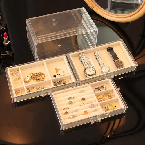 Vista 2 de Organizador de joyas Cq Acrylic de terciopelo con 3 cajones