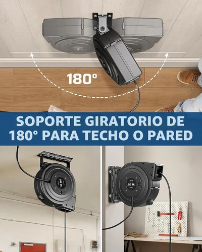 Vista 4 de DEWENWILS - Carrete de cable de extensión retráctil, cable de alimentación resistente de 50 pies, 14/3AWG SJTOW, tomas triples iluminadas, disyuntor