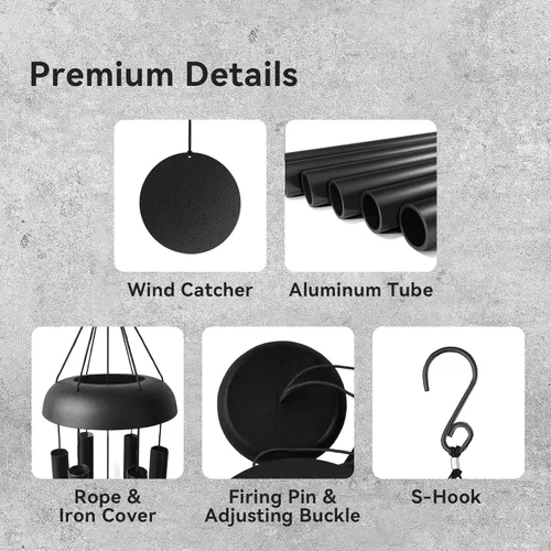 Vista 4 de Campanillas de viento para exteriores, campanillas de viento de metal de tono profundo de 32 pulgadas con 6 tubos de aluminio grueso, campanillas