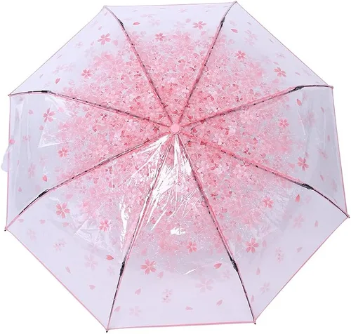 Vista 6 de TOPINCN Paraguas de flores de cerezo, paraguas plegable de burbujas de cúpula transparente, paraguas de princesa de moda, paraguas de viaje