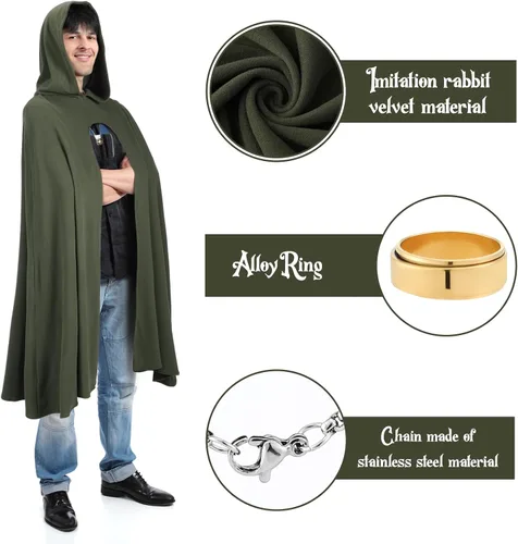 Vista 3 de Hercicy Disfraz de Halloween de 3 piezas, incluye capa verde renacentista con capucha, capa de bruja con capucha, anillo dorado, cadena de collar