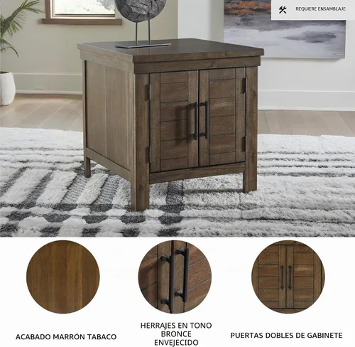 Vista 4 de Diseño firmado por Ashley Moriville - Mesa auxiliar rectangular de estilo granja rústica con puertas de gabinete duales, herrajes en tono bronce
