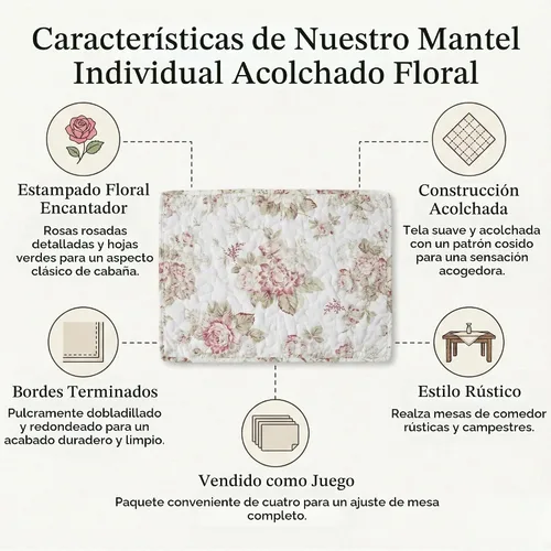 Vista 2 de DaDa Bedding - Juego de 4 manteles individuales para mesa de comedor, diseño de rosas de cabaña, acolchado, de algodón, delicadas, flores, jardín