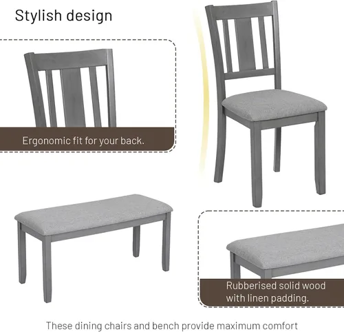 Vista 6 de Elegante juego de mesa de comedor de madera de 6 piezas con 4 sillas de respaldo de listones y un banco, juego de mesa de comedor de cocina para 6