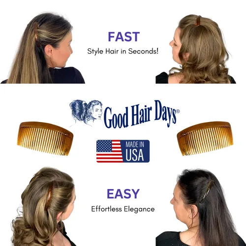 Vista 5 de Good Hair Days Peines laterales de Estados Unidos, 2 peines curvados grandes para el pelo de concha de tortuga para mujeres, giro francés, peinado