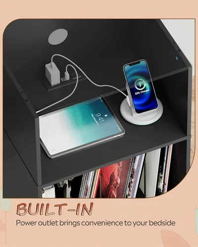 Vista 4 de WLIVE Moderna mesita de noche con almacenamiento, mesita de noche de espacio pequeño, mesa auxiliar para dormitorio y sala de estar, mesita de noche