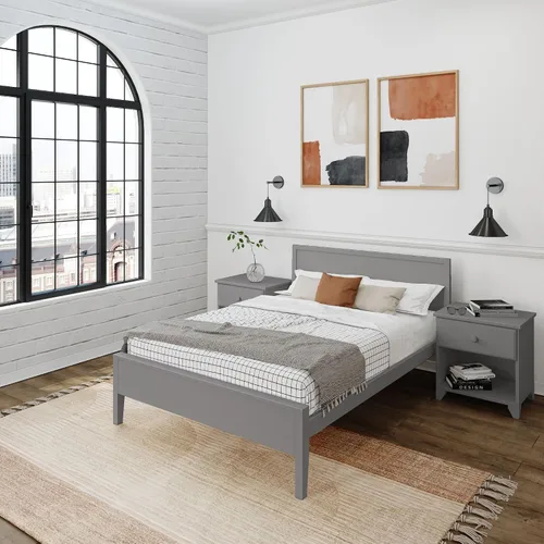 Vista 7 de Plank+Beam Base de cama matrimonial de madera maciza con cabecera de panel, cama de plataforma completa moderna con soporte de listones de madera