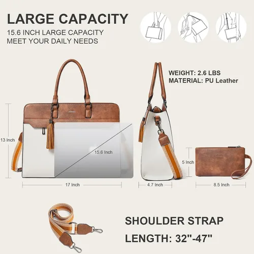 Vista 5 de Bolsa para laptop de 17 pulgadas para mujer, bolsa de trabajo resistente al agua, maletín con bolso Water-Resistant Vegan Leather Computer