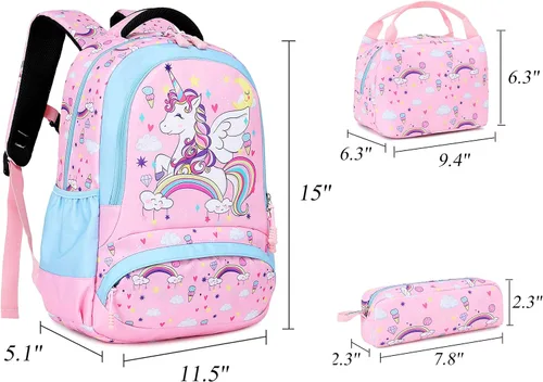Vista 3 de Mochila escolar para niñas 3 en 1, bonita mochila ligera para niños de preescolar y jardín de infantes y primaria, talla única , Mochilas Daypack