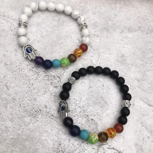 Vista 7 de BOMAIL Juego de 2 9 pulseras de mal de ojo Hamsa de 7 chakras, piedras preciosas de lava, pulseras de cuentas de hamsa de mal de ojo azul