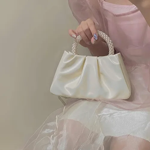 Vista 9 de Beatfull Bolso de noche para mujer, bolso de mano pequeño con perlas de cuero suave, bolso fruncido para boda, novia, fiesta, baile de graduación