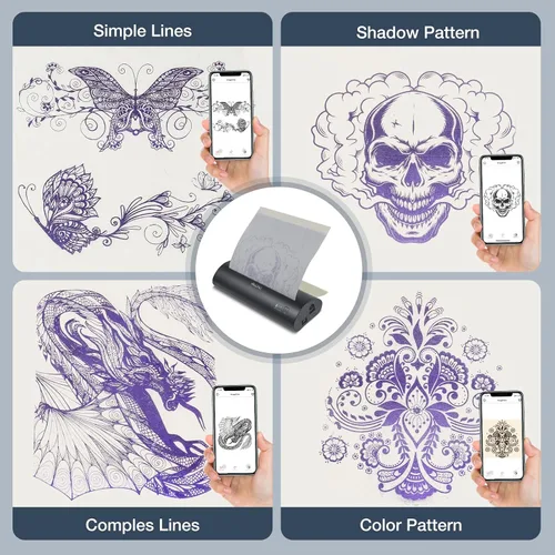 Vista 8 de VLOXO Impresora de plantillas de tatuaje inalámbrica, fotocopiadora portátil de transferencia térmica de tatuajes, impresora de tatuajes recargable