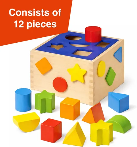 Vista 2 de Goki Cubo de clasificación de formas de madera para niños pequeños de 1 a 3 años I 12 bloques clasificadores de formas, juguete de aprendizaje