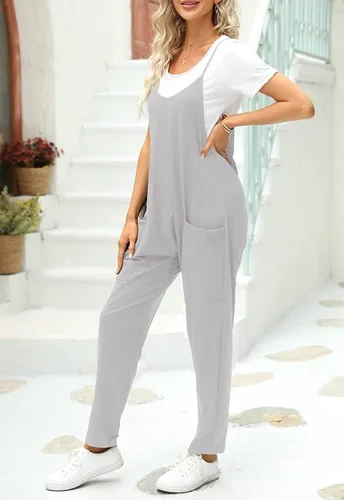 Vista 4 de Fisoew Overol de verano para mujer, sin mangas, holgado, casual, cuello en V, tirantes delgados, pantalones largos, overoles holgados con bolsillos