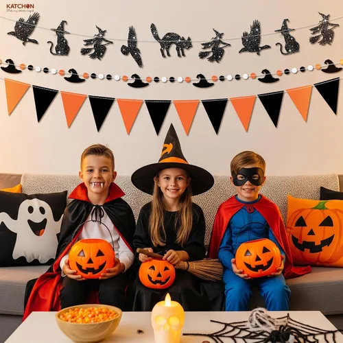 Vista 5 de KatchOn, Guirnalda de Halloween naranja y negra con purpurina, 10 pies, paquete de 3, banderines para decoraciones de Halloween, guirnalda