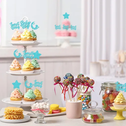 Vista 6 de Gyufise 24 piezas de adornos azules para cupcakes para bebé, con purpurina azul, estrellas, luna, dulce baby shower, niño, cupcakes para baby