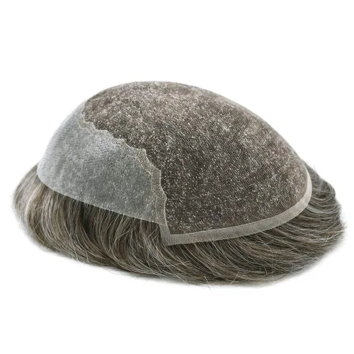 Vista 22 de Toupee para hombres, sistema de reemplazo de cabello humano Remy, nudos blanqueados, encaje frontal, piel fina, para hombre, color gris, pelucas