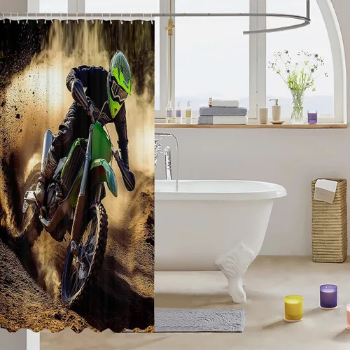 Vista 3 de Cortina de ducha verde para motocicletas, deportes extremos, juego de cortinas de ducha de tela impermeable para niños, motocross racer, para niños