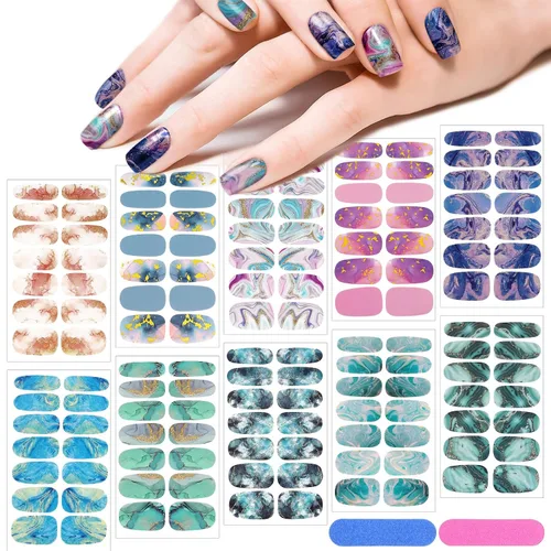 Vista 11 de 140 piezas, 10 hojas de calcomanías de uñas de envoltura completa, tiras de esmalte con degradado, calcomanías autoadhesivas con purpurina, tiras