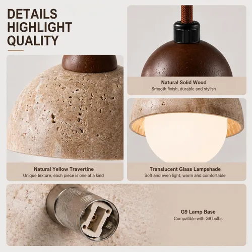 Vista 6 de Lámpara colgante de travertino natural con globo de vidrio esmerilado, moderna lámpara colgante Wabi Sabi para isla de cocina, comedor, dormitorio