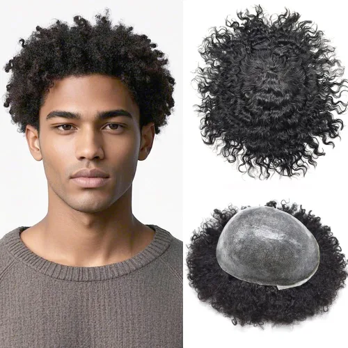 Vista 10 de Afro Toupee para hombres negros, 0.004 in de piel fina sistema de pelo PU para hombres, pieza de cabello humano Remy brasileño para hombres, rizado
