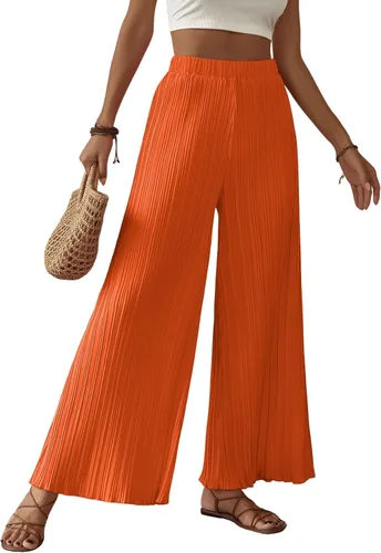Vista 4 de SweatyRocks Pantalones plisados con cintura elástica bohemia para mujer, pantalones palazzo de pierna ancha, pantalones sueltos