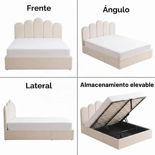 Vista 8 de Cama de almacenamiento de elevación completa, marco de cama de terciopelo con cabecero, color crema