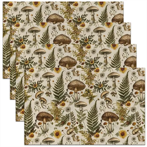 Vista 8 de Juego de 4 manteles individuales con diseño de hongos salvajes, acuarela, plantas naturales, decoración de plantas, para niños, adolescentes