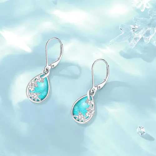 Vista 69 de Aretes colgantes de plata de ley con diseño de árbol de la vida, flor, abeja, animales, gato, colibrí, piedra lunar, turquesa, aretes con cierre