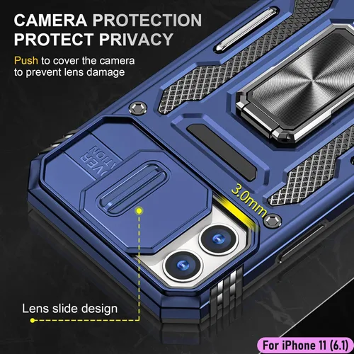 Vista 4 de Funda resistente para Apple iPhone 11, protección híbrida de goma de doble capa de grado militar con protector de cámara deslizante, soporte Azul