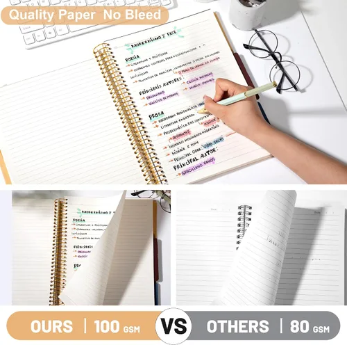 Vista 2 de Cuaderno de espiral grande de 8.5 x 11 con 3 divisiones, cuaderno de espiral de tapa dura para tomar notas, 120 hojas, cuaderno cuadriculado