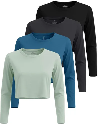 Vista 8 de Real Essentials 4 Pack: Camiseta de manga larga y cuello redondo para mujer, de algodón, recortada - Camiseta casual corta
