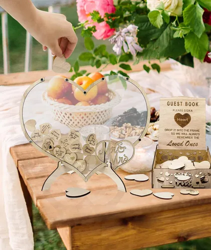 Vista 8 de Qivine Libro de visitas, libro de invitados de decoración de boda de corazón de madera, recuerdos de boda de acrílico para invitados con soporte