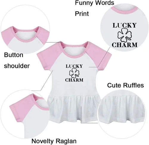 Vista 2 de iDzn Pack of 2, Lucky Charm & Born Again 2 Funny Print Dresses, Newborn Infant Baby Girls Princess Dress, Cute Ruffle