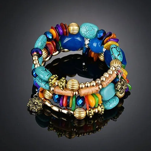 Vista 6 de QIAN0813 Pulseras bohemias de cuentas de ágata irregulares multicapa para mujer, pulseras vintage de piedra de jade para hombre, pulseras de yoga