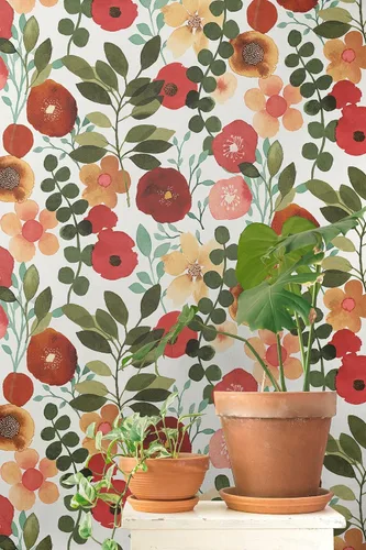 Vista 6 de NextWall Garden Dance Floral - Papel tapiz autoadhesivo (rubí y verde cazador)
