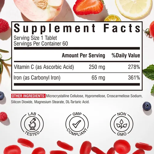 Vista 5 de Suplemento de hierro, 65 mg de hierro carbonilo con 250 mg de vitamina C, píldoras de hierro amigables con el estómago para mujeres y hombres, alta