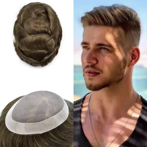 Vista 18 de Toupee de cabello humano fino mono revestido de poliéster para hombre, postizo de monofilamento duradero NPU monofilamento tupé para hombres