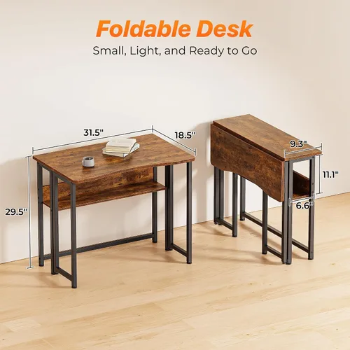 Vista 2 de Huuger Escritorio Plegable con Estante de Almacenamiento, Mesa de Computadora Plegable de 31.5 Pulgadas para Espacios Pequeños, Mesa de Sofá que