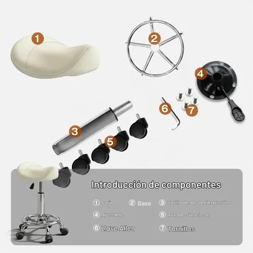 Vista 6 de Taburete con pedal de anillo, silla hidráulica ajustable con ruedas para uso médico, masaje, salón, spa, cocina y dibujo Blanco