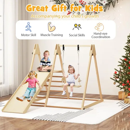 Vista 8 de HONEY JOY Gimnasio de la selva interior para niños, gran juego de escalador 5 en 1 con columpio para bebé, rampa deslizante, escalera y pared
