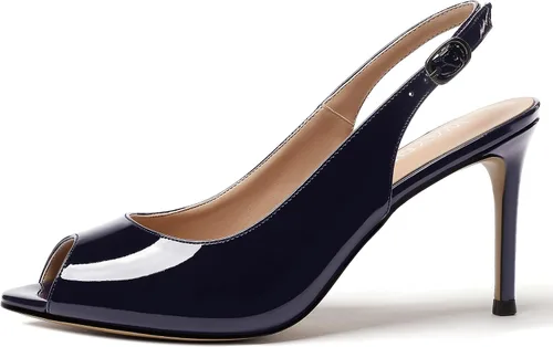 Vista 2 de WAYDERNS Zapatos de vestir de tacón alto con correa al tobillo y puntera abierta, de charol y tacón alto, bonitos zapatos de vestir de 3.5 pulgadas