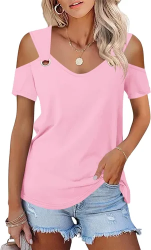 Vista 12 de Minetom - Camisetas básicas de verano para mujer, de manga corta, con hombros descubiertos y cuello en V