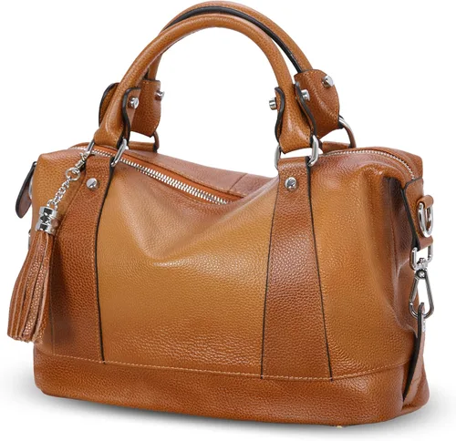 Vista 14 de Heshe Bolsos de hombro de cuero genuino para mujer, bolsos satchel, bolsos bandolera de cuero real para damas Beige