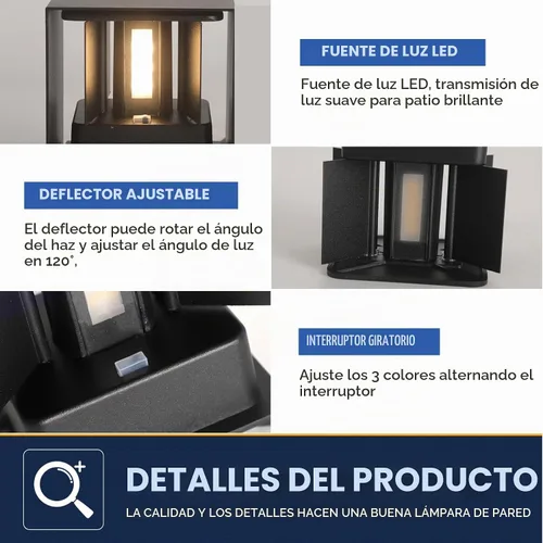 Vista 6 de Lámparas de pared LED 15W al aire libre/interior 3 colores ajustable lámpara de pared IP65 impermeable aplique de pared exterior moderno iluminación