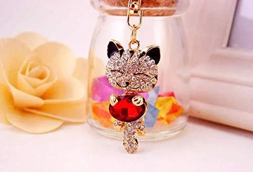 Vista 4 de JewelBeauty Llavero de diamantes de imitación de cristal con diseño de gatito lindo gato de la fortuna (negro y rojo), pastillas de freno