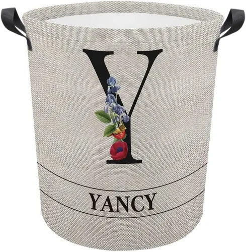 Vista 12 de Cesta de lavandería con inicial floral personalizada, monograma, nombre personalizado, flores y pájaros, cesta de ropa plegable de tela, caja