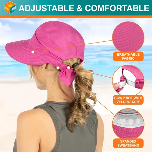Vista 60 de SUN CUBE Sombrero de sol para mujer para protección UV al aire libre, sombrero de sol de ala ancha, cola de caballo, sombrero de playa convertible